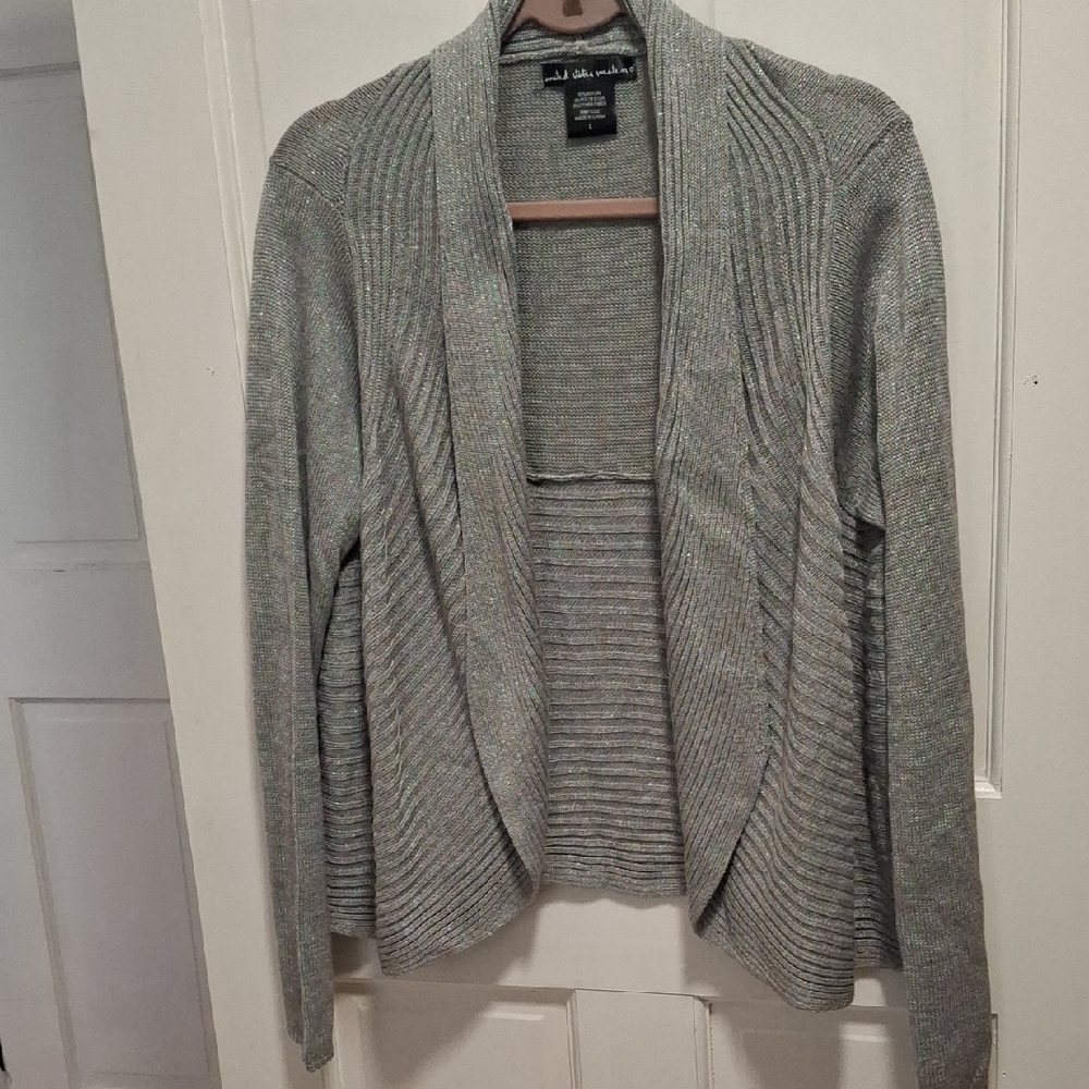 united states sweaters Silver-Gray Shimmer Open-Front Cardigan Ladies Sz L